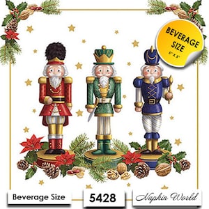 FREE SHIP - Two Paper ***BEVERAGE Size*** Decoupage Art Craft Napkins - (Design 5428) Christmas Nutcrackers Decoration Soldiers