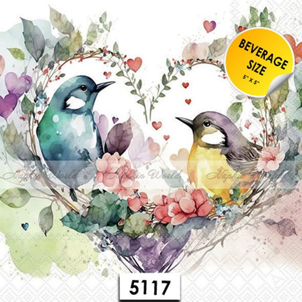 FREE SHIP - Two Paper ***BEVERAGE Size*** Decoupage Art Craft Napkins - (Design 5117) Watercolor Birds Love Pair Artsy Colorful