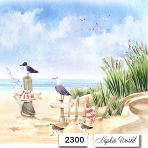 May include: Watercolor painting of a beach scene with seagulls, sand, and a sign that says "Fresh Fish." The sky is blue with white clouds. The image includes the text "2300" and "Napkin World."