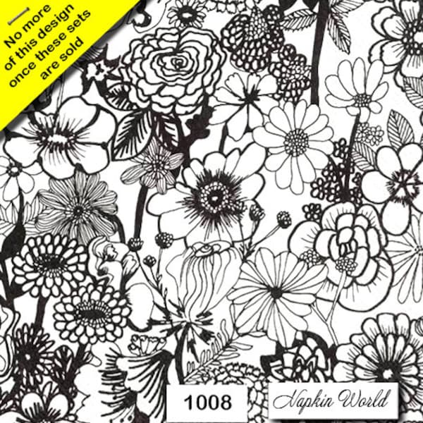 FREE SHIP - Two Paper Luncheon Decoupage Art Craft Napkins - (Design 1008) FLORAL Flowers Black and White Outline