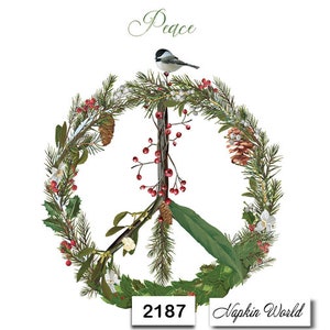 May include: A Christmas-themed peace sign made of green branches, red berries, and white flowers. A small bird sits on a branch at the top of the sign. The text "Peace" is written above the sign and "Napkin World" is written below the sign. The number "2187" is printed in the bottom center of the image.