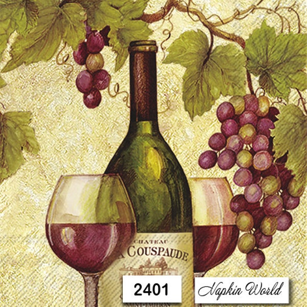 FREE SHIP - Two Paper Luncheon Decoupage Art Craft Napkins - (Design 2401) Red WINE Grapes Glasses Bottle Drink Alcohol