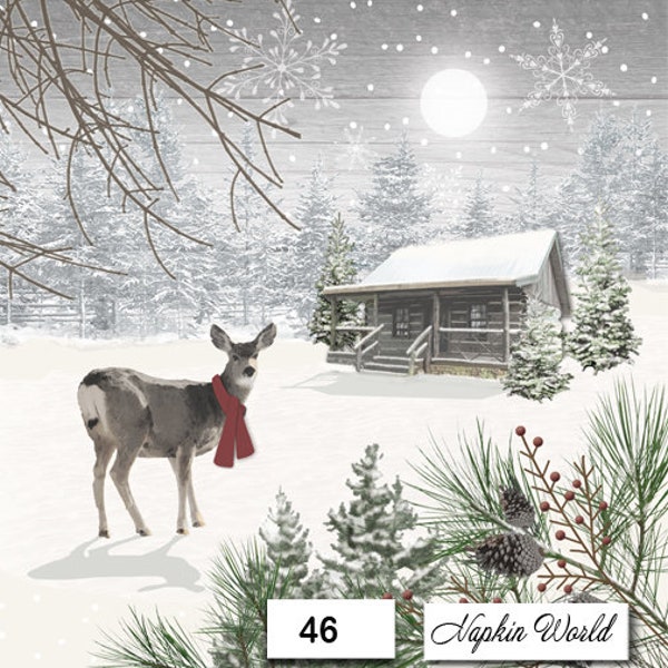 FREE SHIP - Two Paper Luncheon Decoupage Art Craft Napkins - (Design 46) Christmas DEER Cabin Snow Evening Twilight