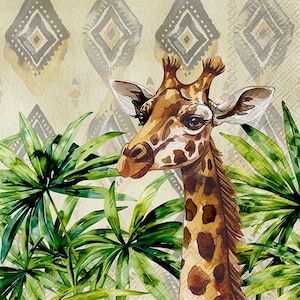 May include: A watercolor painting of a giraffe's head and neck against a background of green palm leaves and a beige geometric pattern. The giraffe has brown spots on its neck and a light brown face.
