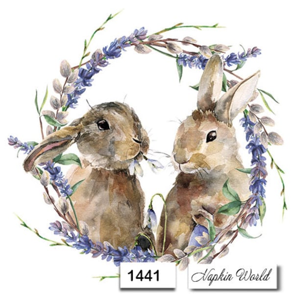 FREE SHIP - Two Paper Luncheon Decoupage Art Craft Napkins - (Design 1441) Easter Bunny Bunnies RABBITS Wreath