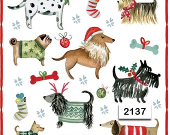 Puede incluir: Un juego de 10 servilletas de papel con temática navideña que presentan varias razas de perros con suéteres y sombreros festivos. Las servilletas están decoradas con un borde rojo y el texto "Merry Woofmas" y "Napkin World" en una fuente caprichosa.