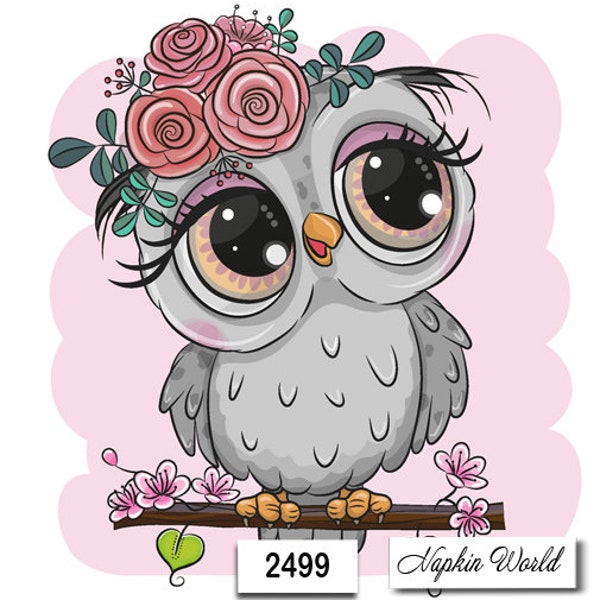 FREE SHIP - Two Paper Luncheon Decoupage Art Craft Napkins - (Design 2499)  OWL Bird Cartoon Cute Floral Headdress