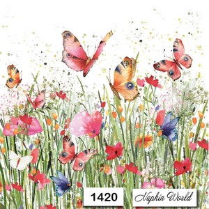 FREE SHIP - Two Paper Luncheon Decoupage Art Craft Napkins - (Design 1420) FLOWERS Field Butterflies Butterfly Mixed Meadow Summer Spring