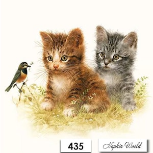 FREE SHIP - Two Paper Luncheon Decoupage Art Craft Napkins - (Design 435)  Two KITTENS Cats Bird Feline