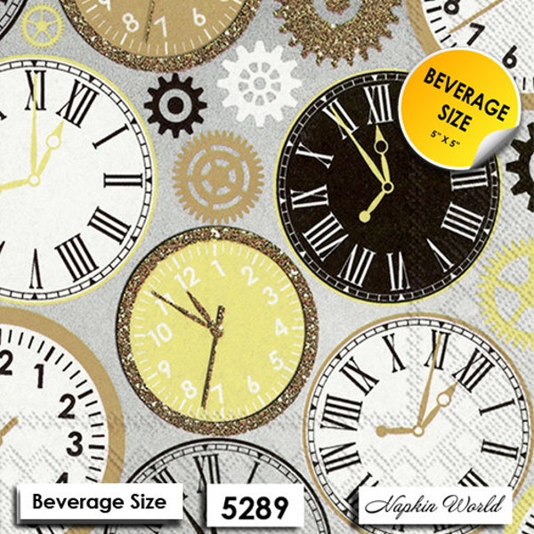 FREE SHIP - Two Paper ***BEVERAGE Size*** Decoupage Art Craft Napkins - (Design 5289) Clocks Time Clock Face Minutes Hours Seconds