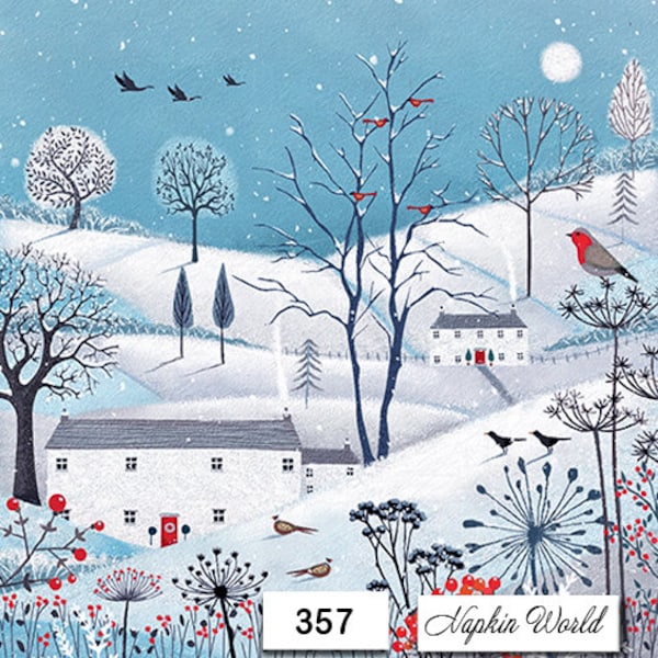 FREE SHIP - Two Paper Luncheon Decoupage Art Craft Napkins - (Design 357)  WINTER Scene Snow Landscape Birds Houses Snowscape Winterscape
