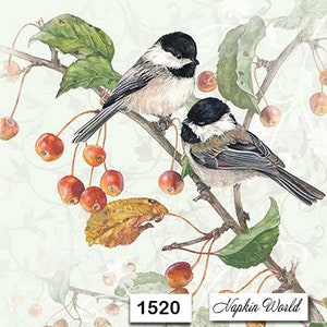 May include: Two black-capped chickadees perched on a branch with small red apples. The birds are facing different directions. The background is a light green with a blurred floral pattern. The image has the text "Napkin World" and "1520" in the bottom right corner.