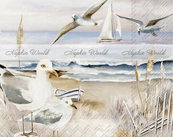 FREE SHIP - Two Paper Luncheon Decoupage Art Craft Napkins - (Design 119) BEACH Shore Shoreline Gulls Seagulls Boat Ocean Sea Waves Sand