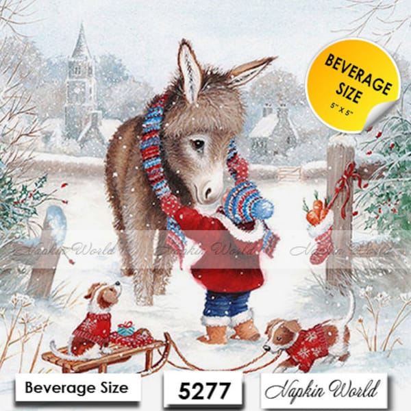 FREE SHIP - Two Paper ***BEVERAGE Size*** Decoupage Art Craft Napkins - (Design 5277) Christmas Donkey Child Scarf Caring Sled Dogs Snow