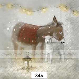 FREE SHIP - Two Paper Luncheon Decoupage Art Craft Napkins - (Design 346) DONKEY Lamb Sheep Christmas Lantern Lights