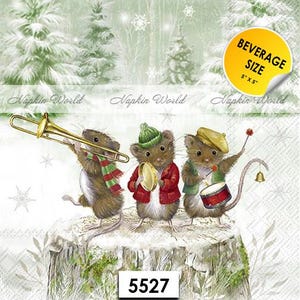 May include: Three mice playing musical instruments in a winter forest setting. The mouse on the left is playing a trombone, the middle mouse is playing a tambourine, and the mouse on the right is playing a drum. The image has the text "Napkin World" and "5527" on it.