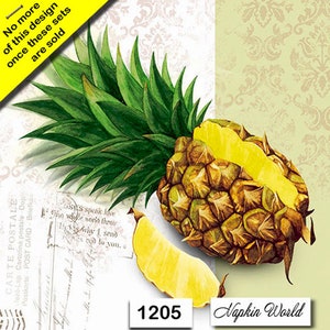 May include: A close-up of a pineapple with green leaves and a yellow, ripe fruit. The pineapple is cut in half, revealing the inside of the fruit. The image has a vintage, rustic feel and includes the text "1205 Napkin World".