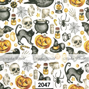 May include: A white background is covered with Halloween-themed illustrations. Pumpkins, black cats, spiders, witch hats, skulls, and potion bottles are among the many images. The number "2047" is in the lower center.
