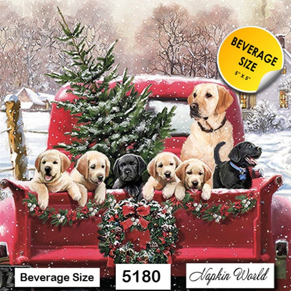 FREE SHIP - Two Paper ***BEVERAGE Size*** Decoupage Art Craft Napkins - (Design 5180) Christmas Dogs Red Truck Lab Retriever Puppies