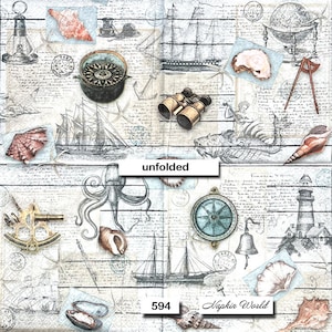 May include: A vintage nautical themed decoupage paper with a white background and blue and brown accents. The paper features a variety of nautical elements, including ships, compasses, seashells, an octopus, and a lighthouse. The text "unfolded" and "Napkin World" are visible on the paper. The number "594" is also visible on the paper.