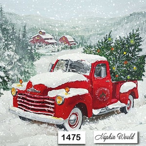 ENVÍO GRATIS - Dos servilletas de papel para decoupage con motivos artísticos para el almuerzo - (Diseño 1475) Camión rojo navideño Snow Tree Barn