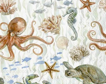 FREE SHIP - Two Paper Luncheon Decoupage Art Craft Napkins - (Design 2661)  Life in the OCEAN, Sea Turtles, Octopus, Fish, Starfish