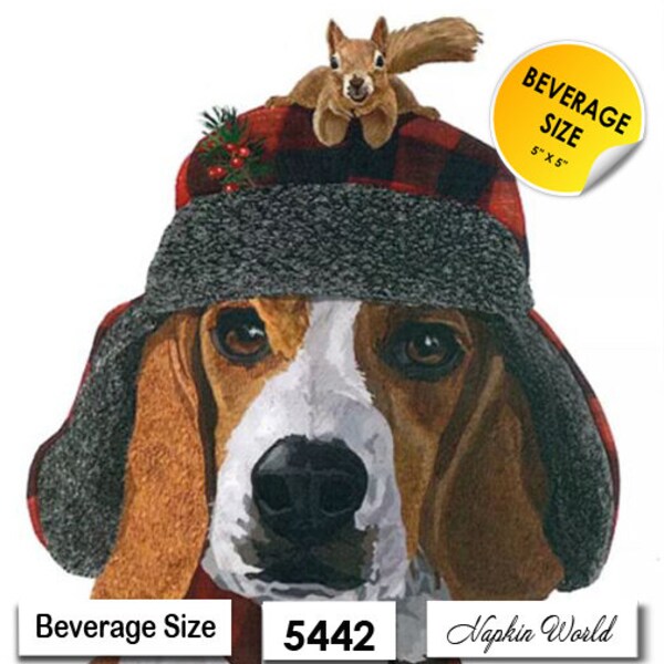 FREE SHIP - Two Paper ***BEVERAGE Size*** Decoupage Art Craft Napkins - (Design 5442)  Dog Beagle Squirrel Humorous Buffalo Plaid Hat