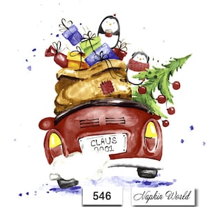 FREE SHIP - Two Paper Luncheon Decoupage Art Craft Napkins - (Design 546)  CHRISTMAS Car Gifts Presents Vehicle Penguins