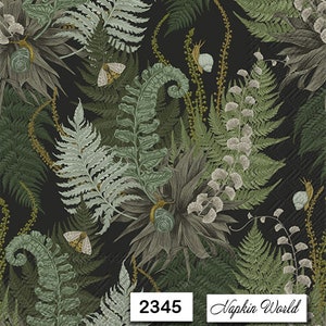 May include: A black background with a green and white fern pattern. The ferns are in various shades of green and white, and the background is a deep black. The text "Napkin World" and the number "2345" are printed in white at the bottom of the image.