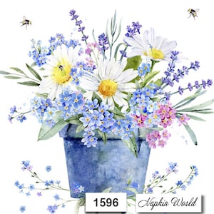 May include: A watercolor painting of a blue flower pot filled with white daisies, lavender, and forget-me-nots. The flowers are arranged in a bouquet and are surrounded by green leaves. The pot is painted in a light blue color and has a white rim. The painting is set against a white background. Napkin World 1596