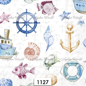 May include: A watercolor pattern featuring nautical and seashell designs. The pattern includes a blue ship, a red and white fish, a blue anchor, a blue and white steering wheel, a blue and white seashell, a brown and white seashell, and a blue and white life preserver. The pattern is on a white background.