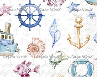 FREE SHIP - Two Paper Luncheon Decoupage Art Craft Napkins - (Design 1127) MARINE Ocean Shells Fish Anchor Boat Life Preserver Starfish