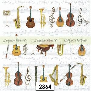 May include: A collection of musical instruments, including a trumpet, a saxophone, a guitar, a harp, a violin, a cello, a piano, a tuba, and a mandolin. The instruments are arranged in a row on a white background with musical notes. The text "Napkin World" appears three times on the image.