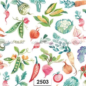 May include: Watercolor illustration of various vegetables, including carrots, corn, peas, radishes, and tomatoes, on a white background. The image features a variety of colors, including green, red, and yellow. The number "2503" is displayed in a white box.