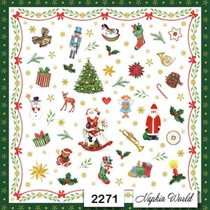 May include: A white background with a green border features a variety of Christmas-themed illustrations, including a Christmas tree, Santa Claus, a rocking horse, a nutcracker, a train, a stocking, a candy cane, a star, a bell, a present, a reindeer, an angel, and a snowman. The text "2271 Napkin World" is at the bottom of the image.