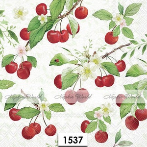 FREE SHIP - Two Paper Luncheon Decoupage Art Craft Napkins - (Design 1537) Red CHERRIES Cherry Fruit