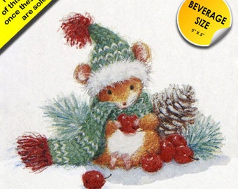 FREE SHIP - Two Paper ***BEVERAGE Size*** Decoupage Art Craft Napkins - (Design 5178) Christmas Mouse
