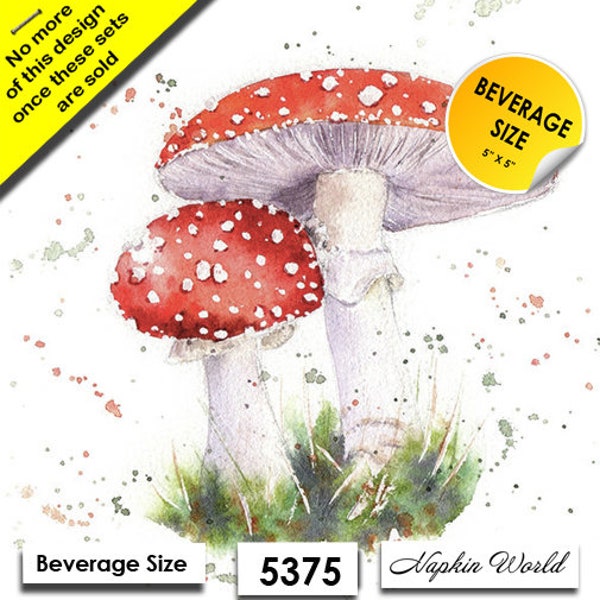 FREE SHIP - Two Paper ***BEVERAGE Size*** Decoupage Art Craft Napkins - (Design 5375)  Mushrooms Fly agaric Red-Capped