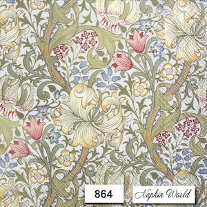 May include: A vintage floral design with lilies, leaves, and flowers in shades of pink, yellow, blue, and green on a white background. The design is repeated throughout the image. The text "Napkin World" and the number "864" are visible in the bottom right corner of the image.