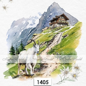 May include: A watercolor painting of a white mountain goat standing on a path in the Swiss Alps. The goat is facing the viewer and has a brown nose and hooves. The path is winding up the mountainside, and there are green trees and flowers on either side. The background is a blue sky with white clouds. The painting is signed "Napkin World" and numbered "1405".