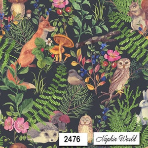 FREE SHIP - Two Paper Luncheon Decoupage Art Craft Napkins - (Design 2476) Forest ANIMALS Fox Owls Hedgehog Squirrel Bunny Birds Mushrooms