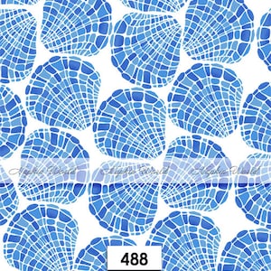 May include: A seamless pattern of blue and white seashells with a grid-like design. The pattern is repeated throughout the image.
