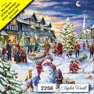 May include: A snowy Christmas village scene with a large decorated Christmas tree, a snowman, and people gathered around. The text "Napkin World" and the number "2256" are visible in the bottom right corner.