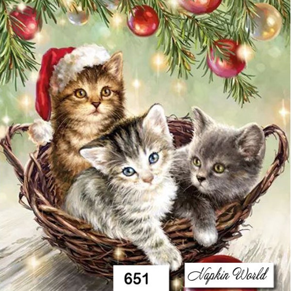 FREE SHIP - Two Paper Luncheon Decoupage Art Craft Napkins - (Design 651)  KITTENS Cats Christmas Basket Feline