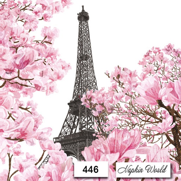 FREE SHIP - Two Paper Luncheon Decoupage Art Craft Napkins - (Design 446)  Eiffel Tower PARIS France Spring Blooms Trees Romantic Romance