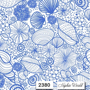 May include: Blue and white patterned design featuring seashells, flowers, and bubbles. The design is on a white background. The text "Napkin World" and the number "2380" are in the bottom right corner.