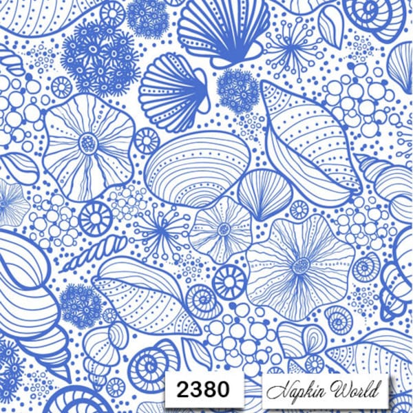 FREE SHIP - Two Paper Luncheon Decoupage Art Craft Napkins - (Design 2380)  SEASHELLS Shells Outlines Blue Ocean Sea Design