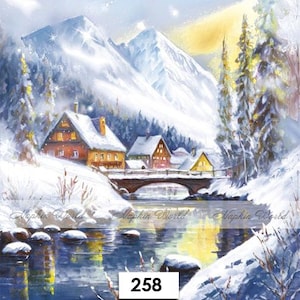 May include: A winter landscape painting featuring snow-covered mountains, a bridge over a river, and several houses with snow-covered roofs. The image has a soft, watercolor style with a serene and peaceful atmosphere. The number "258" is in the bottom right corner.