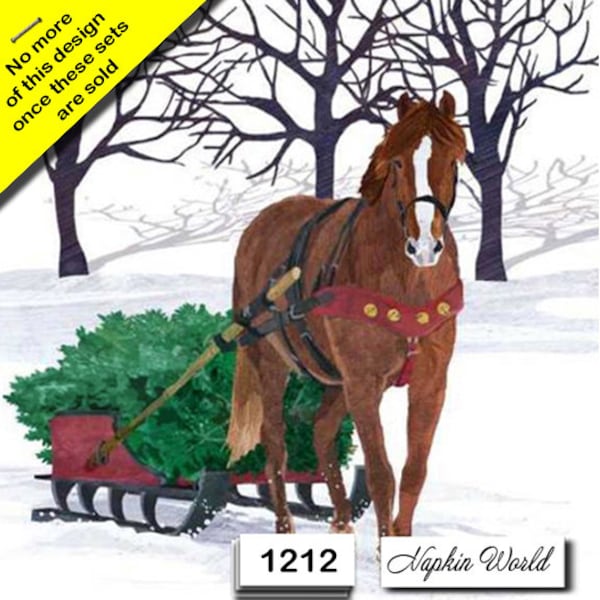 FREE SHIP - Two Paper Luncheon Decoupage Art Craft Napkins - (Design 1212) CHRISTMAS Sleigh Horse Tree Winter Snow