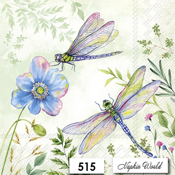 FREE SHIP - Two Paper Luncheon Decoupage Art Craft Napkins - (Design 515) DRAGONFLY Dragonflies Summer Blue Flower Insect Spring